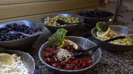 Appetizing snacks for breakfast in the buffet restaurant.