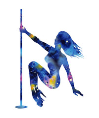 silhouette of girl and pole on a white background. Pole dance illustration for striptease dancers, exotic. Clipart with texture watercolor space for logotype, badge, icon, logo, banner, tag, clothes