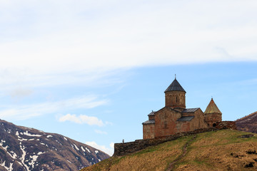 Gergeti Trinity Church (Tsminda Sameba), Holy Trinity Church near the village of Gergeti in Caucasian mountains, Georgia