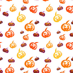 Halloween seamless pattern: hand drawn watercolor orange and purple jack-o-lanterns and pumpkins on a white isolated background