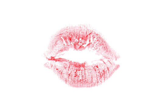 Lip print of a red lipstick on a white isolated background