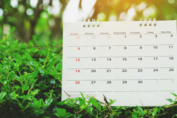 close up of calendar on green nature background, planning for business meeting or travel planning...