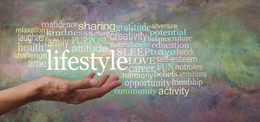 How is your lifestyle shaping up word cloud - female hand palm facing up with the word LIFESTYLE floating above surrounded by a relevant positive word tag cloud on a rustic multicoloured background
