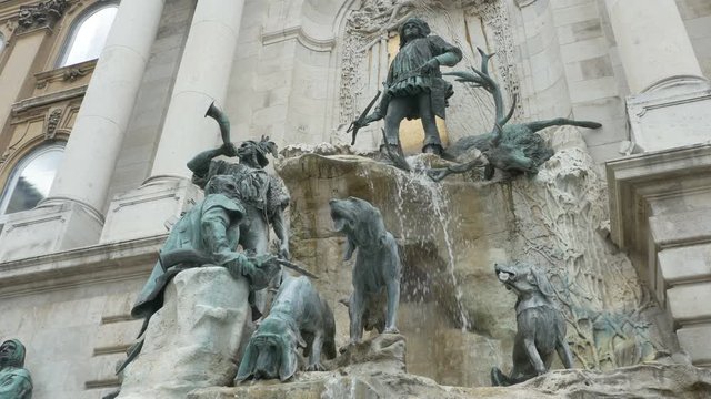 Baroque bronze statues fountain depicting King Mathias of Hungary at hunting at the Buda Castle in Budapest.