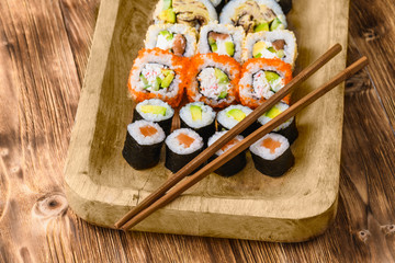 Sushi on a wooden table