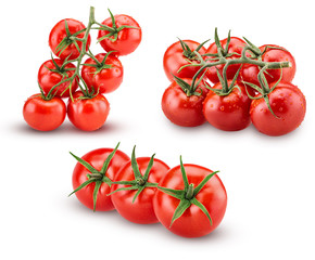 Set big branch of fresh red tomato with green leaves with water drops