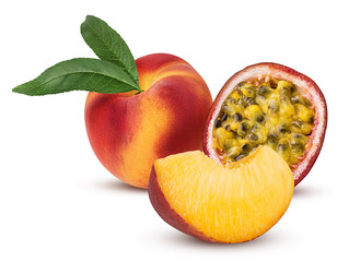 Peach whole and slice with leaf and passion fruit cut in half