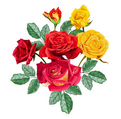 Rose bouquet flower red and yellow with green leaves, sketch style vector illustration isolated on white background.