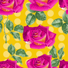 Roses seamless pattern and polka dot on yellow background