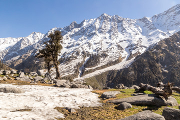 Beautiful view of mountains in snow at Triund hill top, Snow Line, Mcleod ganj, Dharamsala, India.