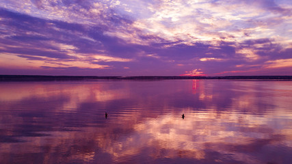 Aerial panoramic view of sunset on the lake