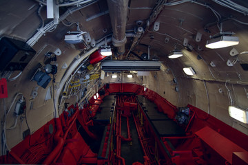 Inside the submarine. Submarine interior. Small space inside the ship.