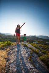 Fototapeta premium A woman is traveling with a child.