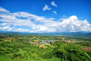 Fototapeta na wymiar view scenary, view point, bird eye view of Pai district in Mae Hong Sorn, Thailand