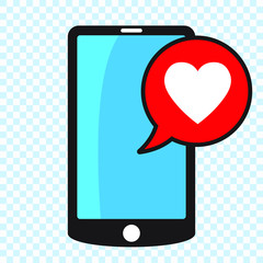 Smartphone with heart in a speech bubble, mobile phone and sms love message.	