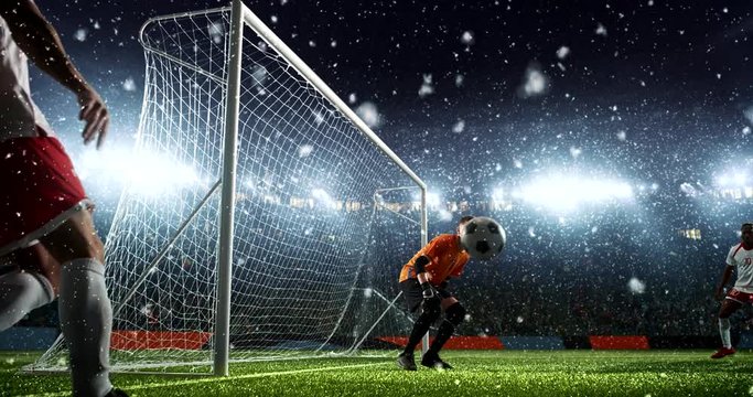 Attacker receives a pass and scores a header goal on a professional soccer stadium while it's snowing. Stadium and crowd are made in 3D and animated.