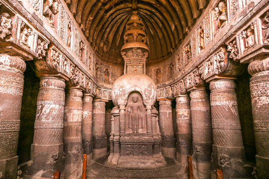 Statue of Buddha in Ajanta Caves, Buddhist monastery in Aurangabad, Maharashtra, India