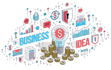 Business start up Idea concept, Light Bulb with cash money stack and coins piles. Vector 3d isometric business illustration with icons, stats charts and design elements.