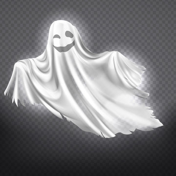 Vector illustration of white ghost, smiling phantom silhouette isolated on transparent background. Halloween spooky monster, scary spirit or poltergeist flying in night. Mystic creature without body