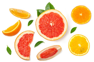Sliced pieces of grapefruit, orange, lemon isolated on white, top view