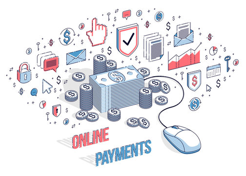 Online finance concept, web payments, internet earnings, online banking, money stacks with computer mouse. Vector 3d isometric business illustration with icons, stats charts and design elements.