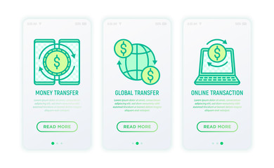 Online banking thin line icons: money transfer, global transfer, online transaction. Modern vector illustration for user mobile app.