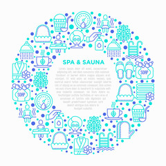 Obraz premium Spa & sauna concept in circle with thin line icons: massage oil, towels, steam room, shower, soap, pail and ladle, hygrometer, swimming pool, facial mask. Vector illustration, print media template.