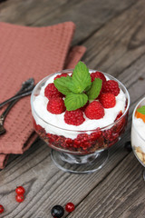 Dessert cups of Pecheneg, cottage cheese, raspberry, and apricot