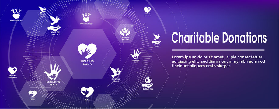 Charity And Relief Work - Charitable Giving Web Banner With Icon Set