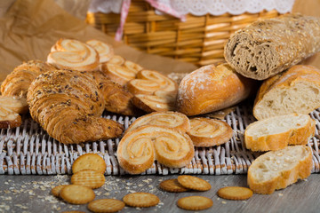 Different assortment of bread and  bakery products