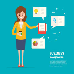businesswoman character to office job operation. business statistic infographic.