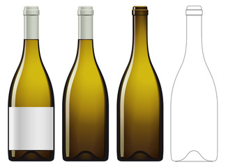 Realistic vector illustration of white wine bottle Isolated on white background. Front view of the wine bottle with label, bottle without label and linear technical drawimg of the wine bottle.