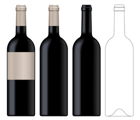 Realistic vector illustration of black wine bottle Isolated on white background. Front view of the wine bottle with label, bottle without label and linear technical drawimg of the wine bottle.