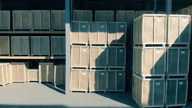 A big storage with boxes, close up.