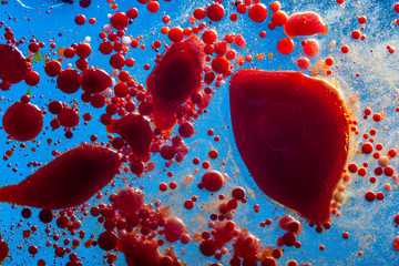 Red bubbles of blood cells on blue background. Abstraction of medicine. Concept of micro processes...