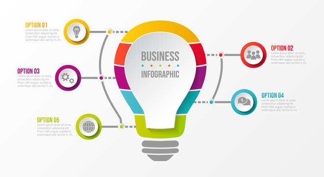 Business infographic - bulb with colourful icons. Vector.