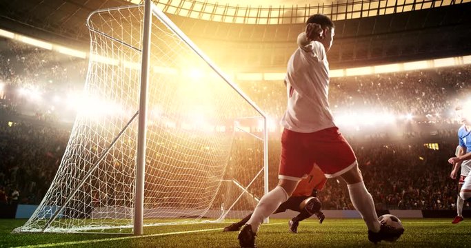 Defender saves from a goal on a professional soccer stadium while the sun shines. Stadium and crowd are made in 3D and animated.