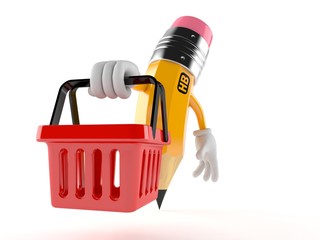 Pencil character holding shopping basket