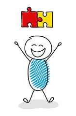 Happy stickman with puzzle (success concept) icon. Vector.