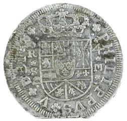 Ancient Spanish silver coin of the King Felipe V. 1718. Coined in Sevilla. 4 reales. Obverse.