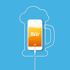 A smartphone with a wire forming a silhouette of a mug of beer. On the screen of the phone is a light beer with bubbles and foam. Mobile beer. Vector illustration.