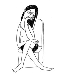 black and white sketch of the girl with glasses sits on the chair