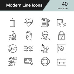Fototapeta premium Insurance icons. Modern line design set 40. For presentation, graphic design, mobile application, web design, infographics.
