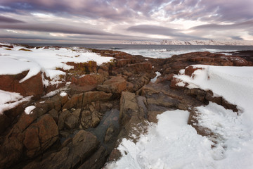 Arctic landscape, Barents Sea on sunset