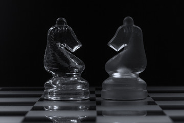 Two glass knight chess pieces facing each other
