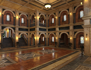 Obraz premium 3d render of a luxury palace interior decorated with black and golden marble