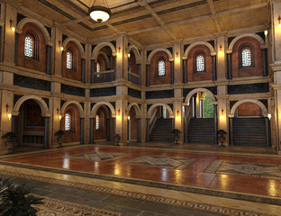 Obraz premium 3d render of a luxury palace interior decorated with black and golden marble