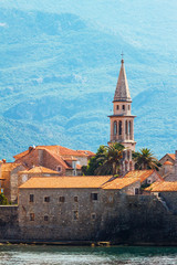 Fototapeta na wymiar Close-up view, old and ancient city Budva at Adriatic sea coastline in Montenegro. cityscape background