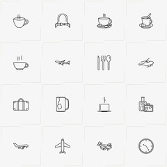 Airport line icon set with clock, airplane escalator and disposable cutlery