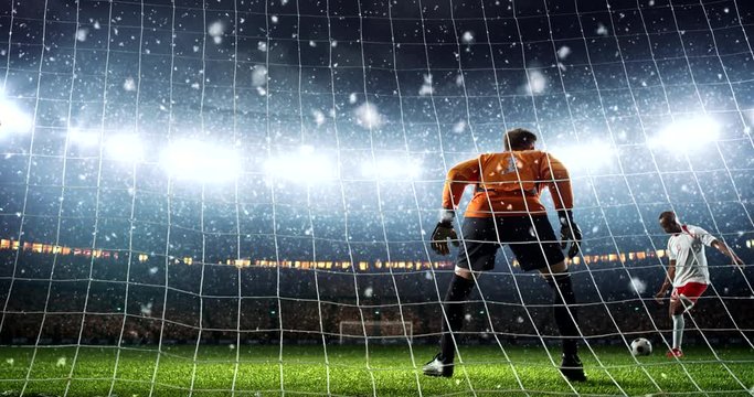 Goalkeeper shows great save from a penalty kick on a professional soccer stadium while it's snowing. Stadium and crowd are made in 3D and animated.